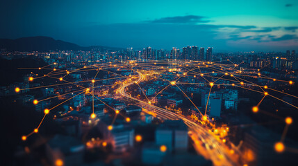 Abstract businesswoman stands on the peak of success Smart digital city with connection cyber security network reciprocity over the cityscape future wireless digital city and social media networking