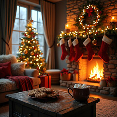 Naklejka premium Christmas tree with garlands near the fireplace in the house. Christmas night