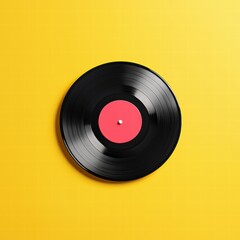 Obraz premium Artistic Display of Black Vinyl Record on Vibrant Yellow Background for Music Enthusiasts