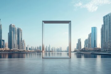Naklejka premium Modern cityscape reflected in water with a large metal frame in the foreground.
