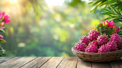 Fresh Dragon Fruit in a Basket on Wooden Table with Blurred Garden Background