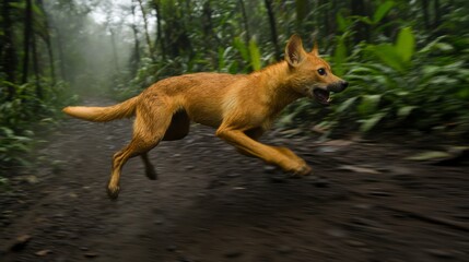 Agile Wild Canine in Motion Captured Amid Lush Foggy Rainforest Landscape, Illustrating the Vibrant Spirit of Nature and Wildlife Conservation Efforts