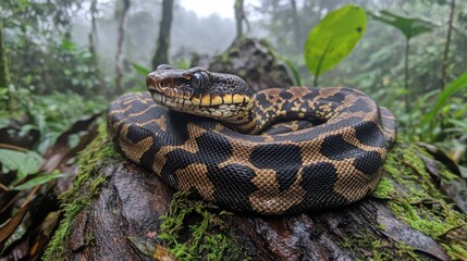 Fototapeta premium Captivating Jungle Moment: A Close-Up of a Beautiful Python Snake Resting on Moist Mossy Log Surrounded by Lush Greenery and Misty Atmosphere in a Tropical Forest