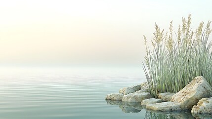 Serene Lakeside Dawn Tranquil Water Rocks and Grass