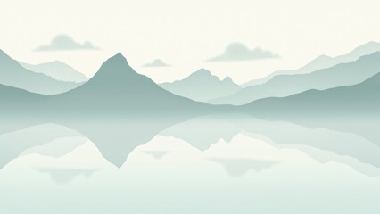 Montañas minimalistas y lagos en degradados suaves de gris, azul y verde con líneas fluidas y texturas de nubes. Ideal para textiles o branding ambiental.
