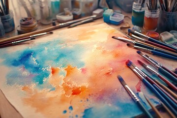 Obraz premium Watercolor painting with brushes on artist’s table