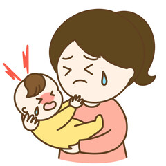癇癪を起こして泣く赤ちゃんとポニーテールのお母さんのイラスト