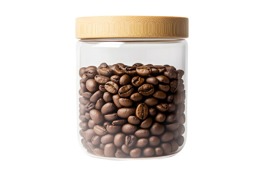 Coffee beans dark brown in glass jar clear isolated on cut out PNG or transparent background. High quality photo. Ideas for themes related to products. Preservation and storage.