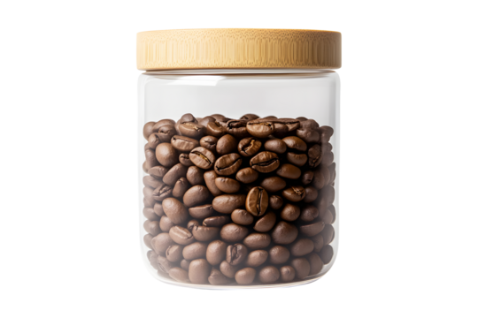 Coffee beans dark brown in glass jar clear isolated on cut out PNG or transparent background. High quality photo. Ideas for themes related to products. Preservation and storage. - Powered by Adobe