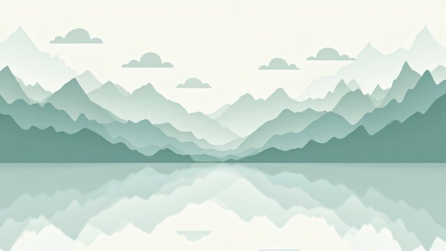 Monta&ntilde;as minimalistas y lagos en degradados suaves de gris, azul y verde con l&iacute;neas fluidas y texturas de nubes. Ideal para textiles o branding ambiental.