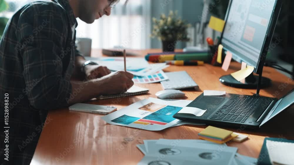 Poster interior designer looking at laptop and designing color while looking at palette at meeting table wi