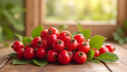 Fresh Rosehip Berries Arranged on a Wooden Surface with Green Leaves