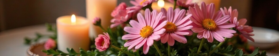 Fototapeta premium Pink daisy centerpiece with candles and greenery, warm, romantic, cozy