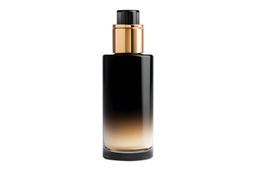 Metallic cosmetic spray bottle black luxurious mockup isolated on cut out PNG or transparent background. For aerosol, foam or deodorant tall or body spray. Cleaning agent hand hygiene liquid soap.