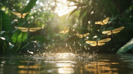 Naklejka premium Golden Dragonflies Hovering Over a Tranquil Tropical Pond with Sunlight Filtering Through Lush Green Foliage, Creating a Magical and Serene Atmosphere in Nature
