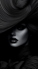 A woman with a black hat and red lips is the main focus of the image. The hat is black and covers a large portion of her head, while her lips are painted red