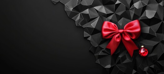 Red bow and ornament on black geometric background.