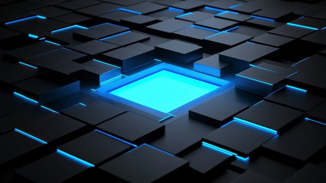 Fototapeta Abstract 3D rendering of glowing blue square among black cubes.
