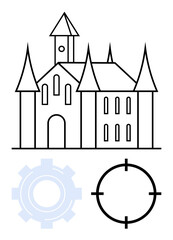 Medieval castle with pointed towers and arched entrance, accompanied by a gear and a target. Ideal for themes of strategy, planning, precision, history, engineering, architecture, and goal-setting