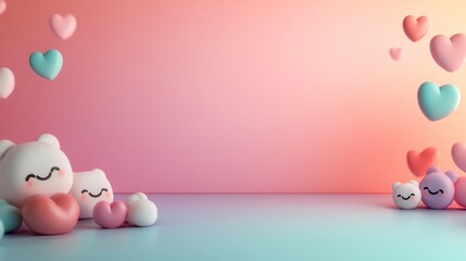 Cute cartoon-style characters and hearts in a pastel background.