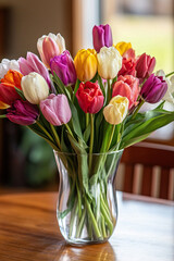 Fototapeta premium Bouquet of assorted tulips in various colors, arranged in a glass vase on a wooden table