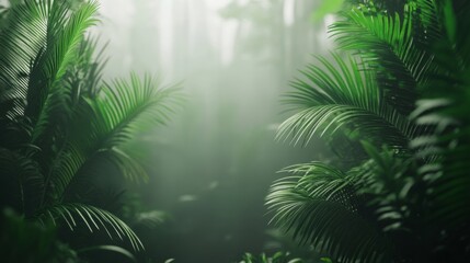 Lush Green Tropical Forest with Foliage and Soft Mist Creating a Serene and Tranquil Atmosphere in Nature’s Breathtaking Wilderness Landscape