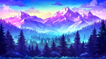 Enchanting Purple Mountain Range and Evergreen Forest
