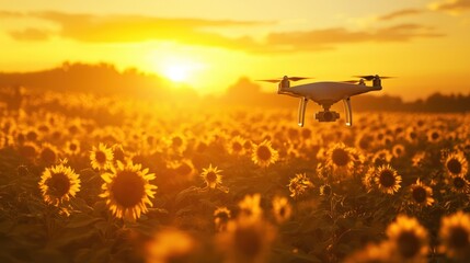 Drone Photography Over Golden Sunflower Field at Sunset