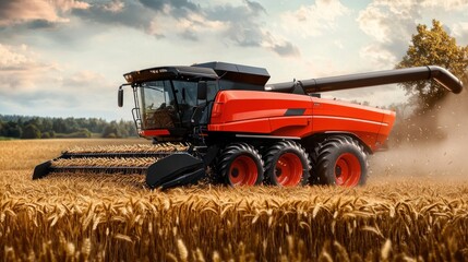 Fototapeta premium Modern Combine Harvester Harvesting Wheat in a Golden Field
