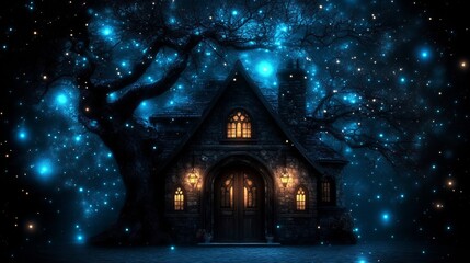 Fototapeta premium Enchanting Stone Cottage Under Starlit Night Sky