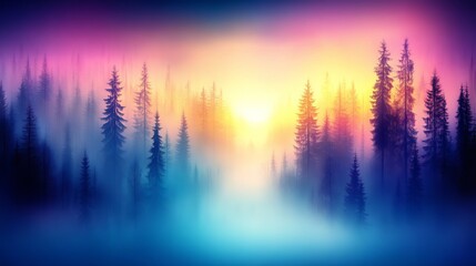 Naklejka premium Enchanting Sunrise Mist in a Pine Forest
