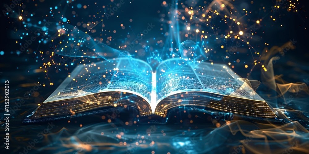 Poster close up open book with pages filled with glowing blue data background