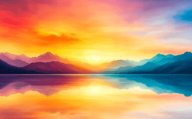 Fototapeta premium A beautiful mountain range with a sunset in the background. The sky is filled with vibrant colors, and the mountains are reflected in the water. Concept of peace and tranquility