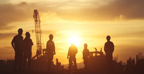 Silhouetted construction workers at sunset, observing progress on a building site with heavy machinery.