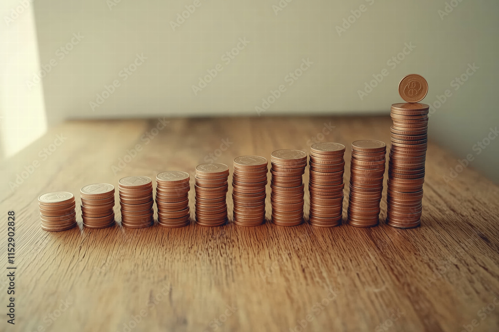 Poster stacks of coins arranged in ascending order on wooden surface generative ai