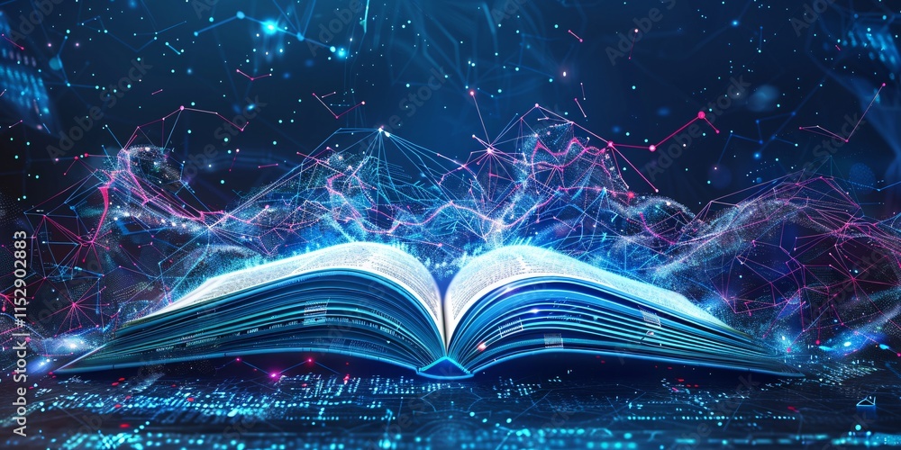 Poster close up open book with pages filled with glowing blue data background