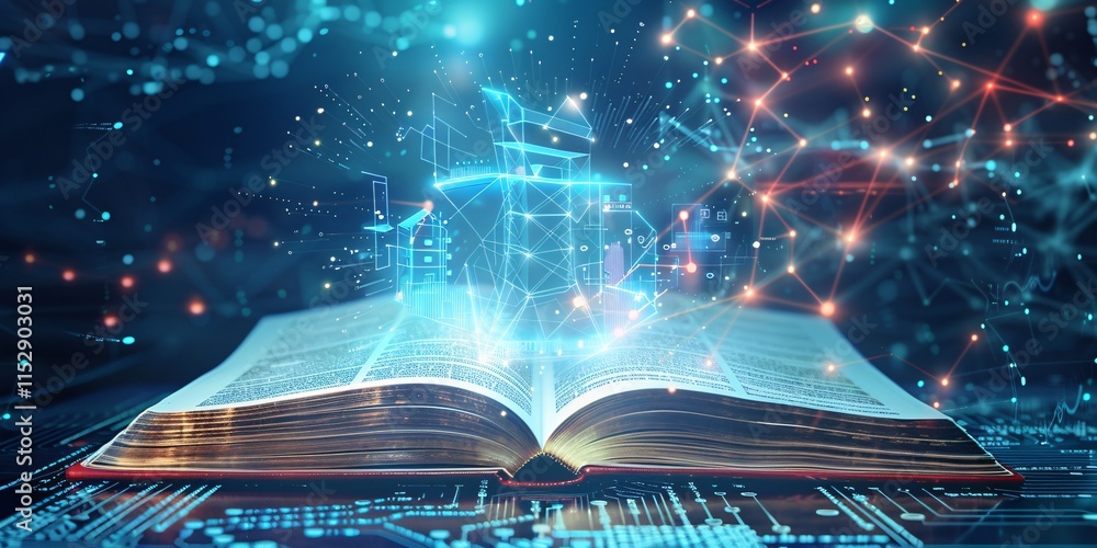 Poster close up open book with pages filled with glowing blue data background