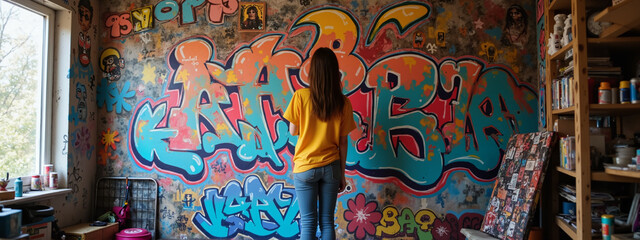 Woman in Yellow Admiring Vibrant Graffiti Art Against Colorful Wall