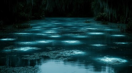Enigmatic Swamp Glow Nighttime Bayou Scene with Bioluminescent Algae