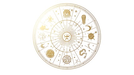 A gold and white circle with many symbols on it