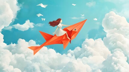 A young woman with long red hair flies through a sky filled with white fluffy clouds on a red paper airplane.