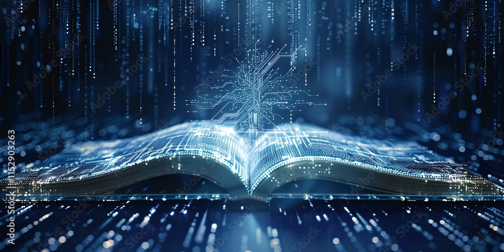Poster close up open book with pages filled with glowing blue data background