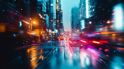 Obraz premium Rainy night in a bustling city with vibrant lights and fast moving cars.