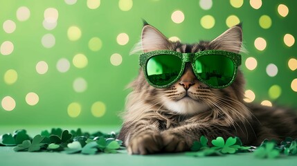 A stylish cat wearing green sunglasses, surrounded by shamrocks, poses playfully against a vibrant green backdrop with shimmering bokeh lights.
