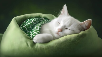 A serene white cat peacefully sleeping, wrapped in a cozy green blanket, surrounded by a tranquil environment.