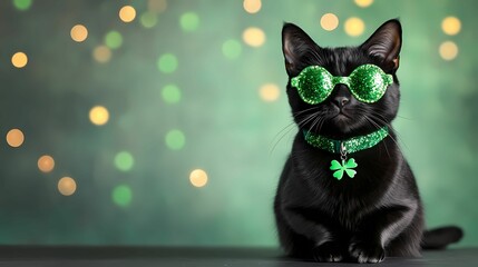 A stylish black cat wearing green sunglasses and a festive collar poses against a sparkling green backdrop, perfect for St. Patrick's Day celebrations.