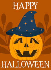 Halloween poster with spider. Scary and spooky pumpkin in witch hat. International holiday of fear and horror. 31 october festival. Booklet or leaflet. Flat vector illustration