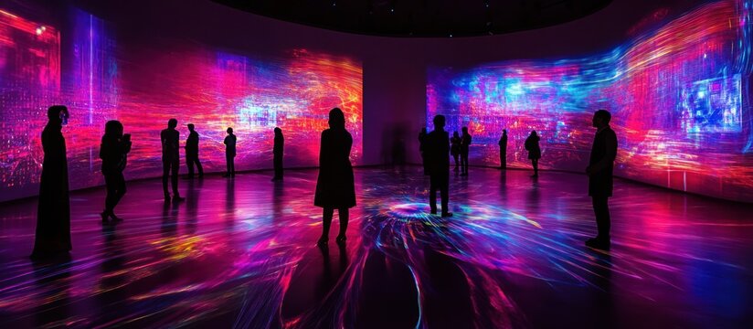 Silhouettes of people viewing a vibrant, interactive projection art installation.