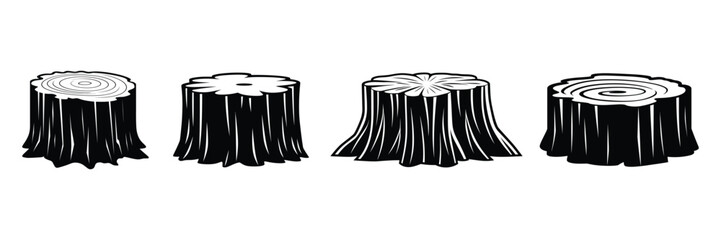 Wood tree stump cut down icon, silhouette, outline, vector, illustration, isolated on a white background