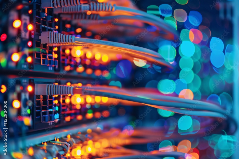Aufkleber abstract colorful close up of network cables and racks with servers in a data center